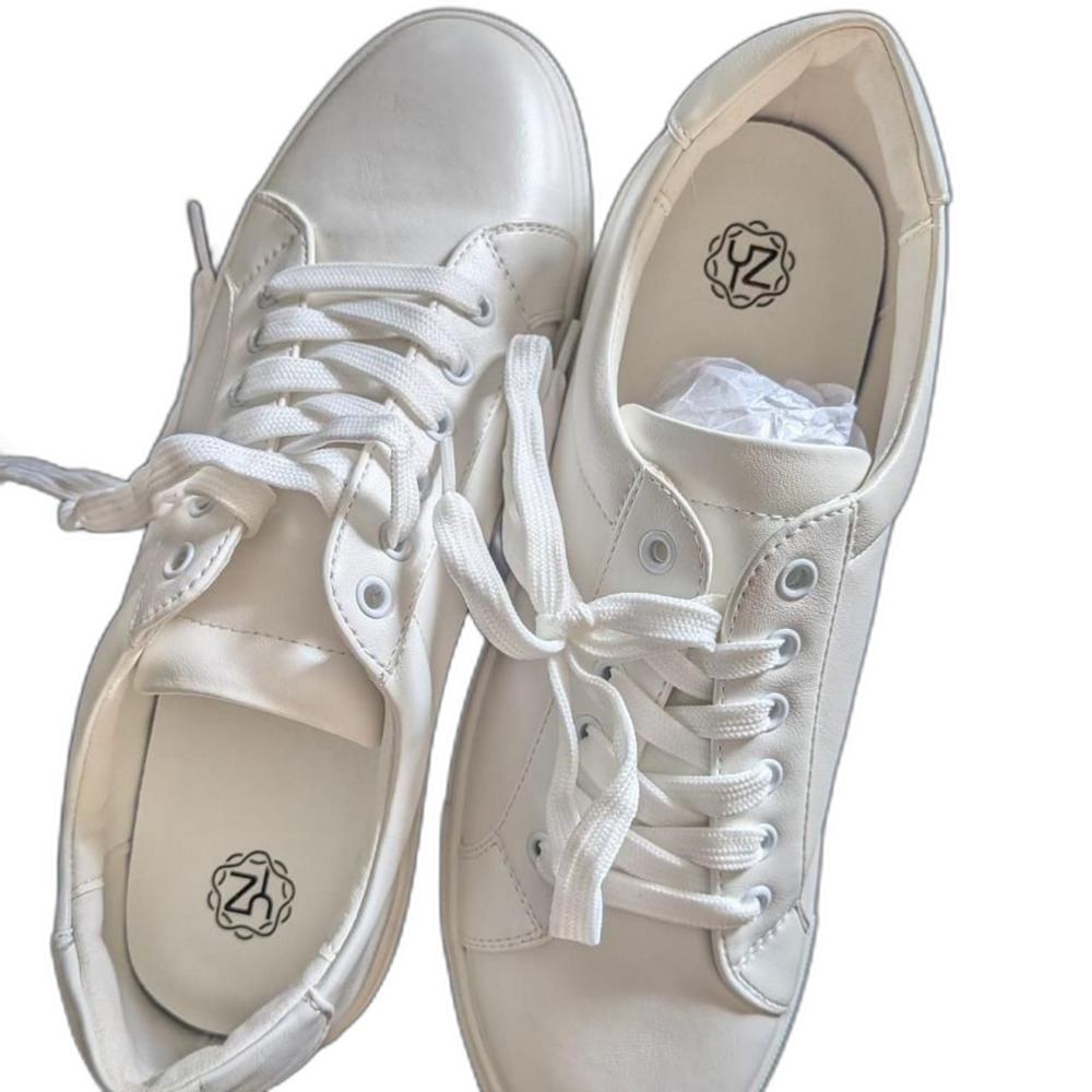 YZ Classic White Sneakers Women's PU Leather Low Top Lace Up Tennis Shoes Size 8